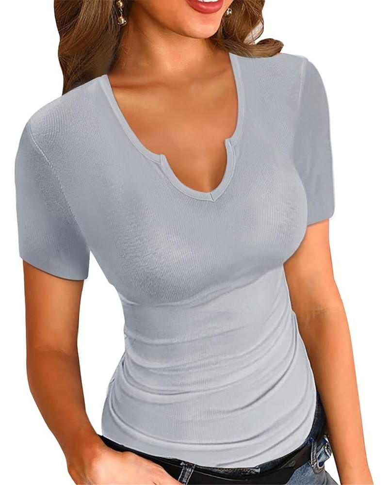 Womens Summer T-Shirts Basic V Neck Sexy Short Sleeve Fitted Ribbed Casual Shirts A-grey $13.77 T-Shirts