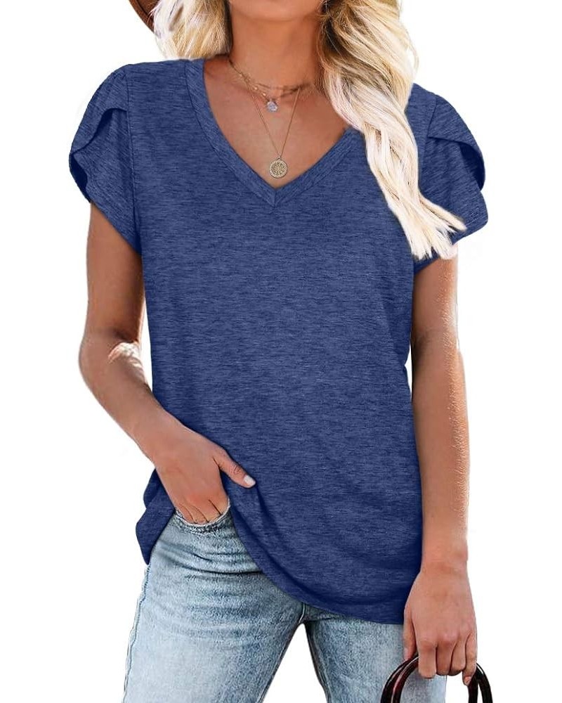 Womens Tops V Neck Summer Petal Sleeve Casual Tshirts Navy $13.76 T-Shirts