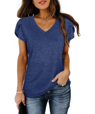 Womens Tops V Neck Summer Petal Sleeve Casual Tshirts Navy $13.76 T-Shirts