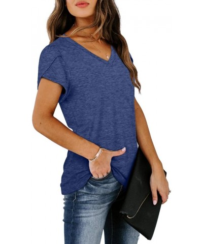 Womens Tops V Neck Summer Petal Sleeve Casual Tshirts Navy $13.76 T-Shirts