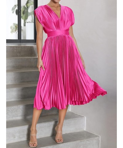 Elegant Satin V Neck Pleated Midi Dress Short Sleeve Formal High Waisted Flowy Long Summer Dresses for Women 2023 Rose Red $2...