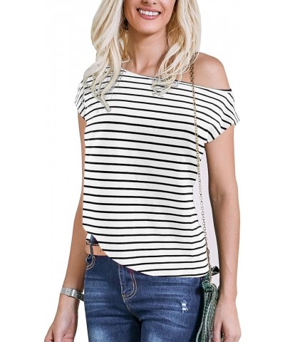 Women's 80s Off Shoulder Tops Short Sleeve Casual Loose Fit Blouse T-Shirt Black & White $11.87 T-Shirts