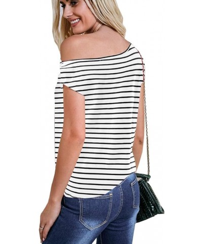 Women's 80s Off Shoulder Tops Short Sleeve Casual Loose Fit Blouse T-Shirt Black & White $11.87 T-Shirts