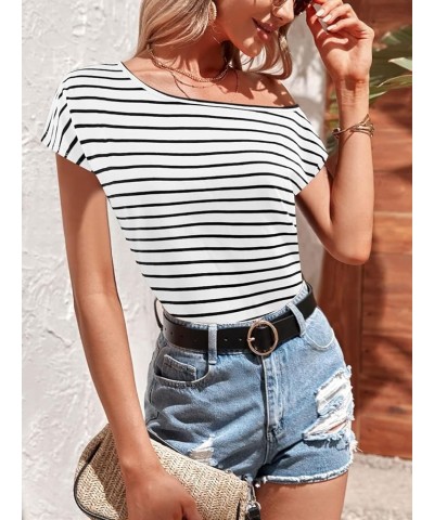 Women's 80s Off Shoulder Tops Short Sleeve Casual Loose Fit Blouse T-Shirt Black & White $11.87 T-Shirts