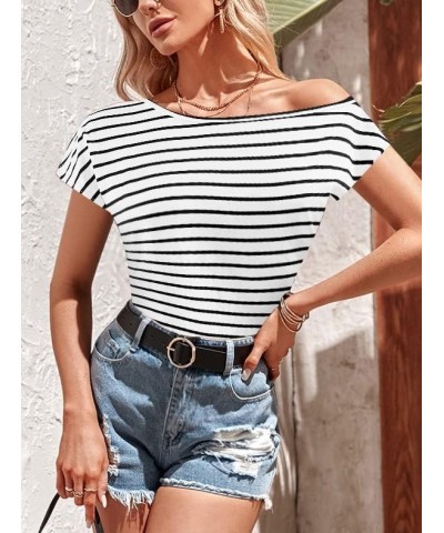 Women's 80s Off Shoulder Tops Short Sleeve Casual Loose Fit Blouse T-Shirt Black & White $11.87 T-Shirts