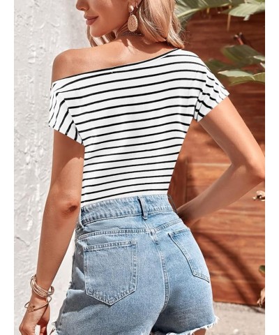 Women's 80s Off Shoulder Tops Short Sleeve Casual Loose Fit Blouse T-Shirt Black & White $11.87 T-Shirts