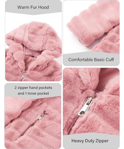 Women Faux Fur Long Fuzzy Fur Jacket Hooded Spring Fall Winter Fashion,Thermal Zip Up Coat Dark Pink-horizontal Texture-loose...