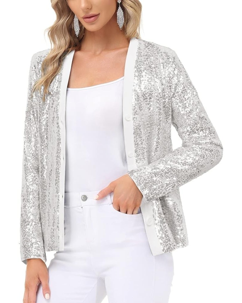 Women's Sequin Jackets Long Sleeve Button Down Shrug Shiny Party Blazer with Pockets S-XXL Regular silver $8.99 Blazers