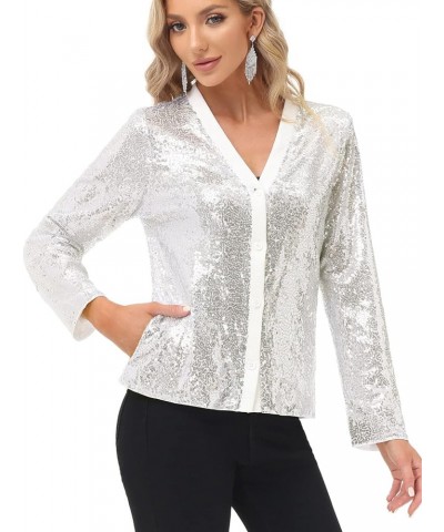 Women's Sequin Jackets Long Sleeve Button Down Shrug Shiny Party Blazer with Pockets S-XXL Regular silver $8.99 Blazers