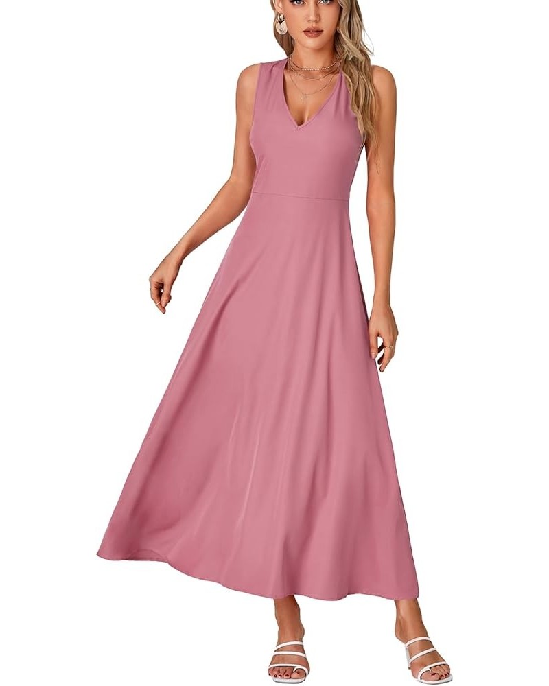 Women's Boho Floral V Neck Backless Back Sleeveless Flowy Long Beach Dress Solid Dusty Pink $20.13 Dresses