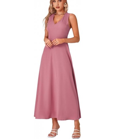 Women's Boho Floral V Neck Backless Back Sleeveless Flowy Long Beach Dress Solid Dusty Pink $20.13 Dresses