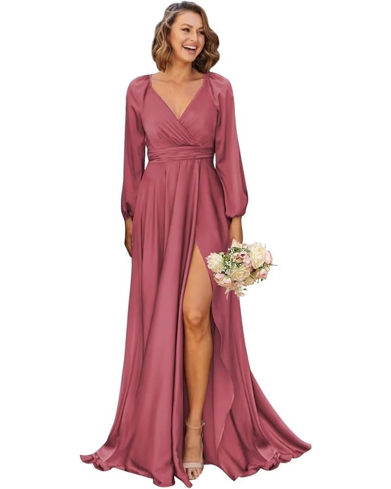 Women's V-Neck Bridesmaid Dresses with Long Sleeves Pleats Chiffon Formal Evening Party Dress with Slit VS022 Desert Rose $27...