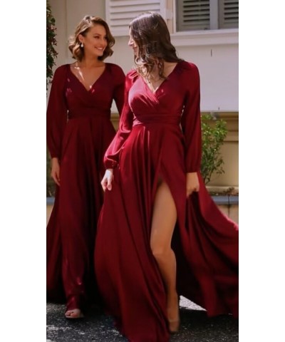 Women's V-Neck Bridesmaid Dresses with Long Sleeves Pleats Chiffon Formal Evening Party Dress with Slit VS022 Desert Rose $27...