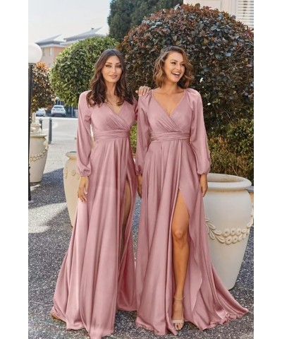 Women's V-Neck Bridesmaid Dresses with Long Sleeves Pleats Chiffon Formal Evening Party Dress with Slit VS022 Desert Rose $27...