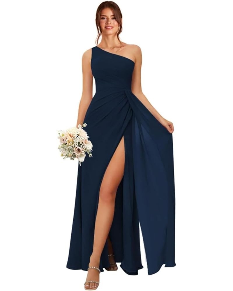 One Shoulder Bridesmaid Dresses for Women A Line Pleated Formal Dress with Slit YMS310 Navy Blue $28.04 Dresses