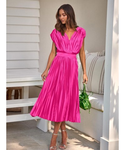 Elegant Satin V Neck Pleated Midi Dress Short Sleeve Formal High Waisted Flowy Long Summer Dresses for Women 2023 Rose Red $2...