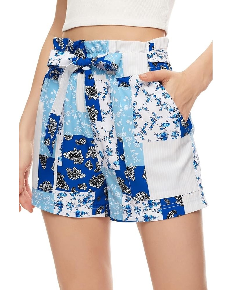 Shorts for Women Bowknot Belted Casual Elastic High Waisted Shorts Summer Beach Shorts for Women with Pockets S-XXL A3-blue P...