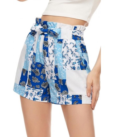 Shorts for Women Bowknot Belted Casual Elastic High Waisted Shorts Summer Beach Shorts for Women with Pockets S-XXL A3-blue P...