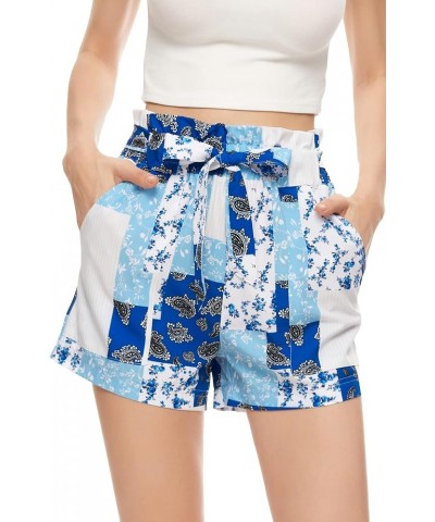 Shorts for Women Bowknot Belted Casual Elastic High Waisted Shorts Summer Beach Shorts for Women with Pockets S-XXL A3-blue P...