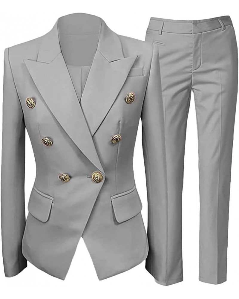 Women's 2 PC Double Breasted Prom Suit Modern Fit Office Lady Suit Notch Lapel Business Suit Silver $32.50 Suits