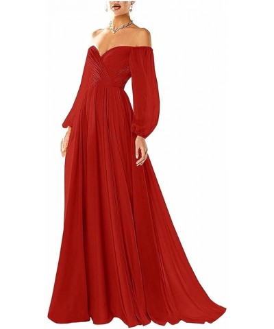 Off Shoulder Prom Dresses Long Chiffon Sweetheart Puff Sleeves Formal Evening Ball Gown for Women Red $25.62 Dresses