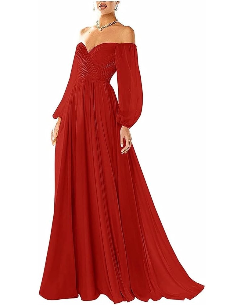 Off Shoulder Prom Dresses Long Chiffon Sweetheart Puff Sleeves Formal Evening Ball Gown for Women Red $25.62 Dresses