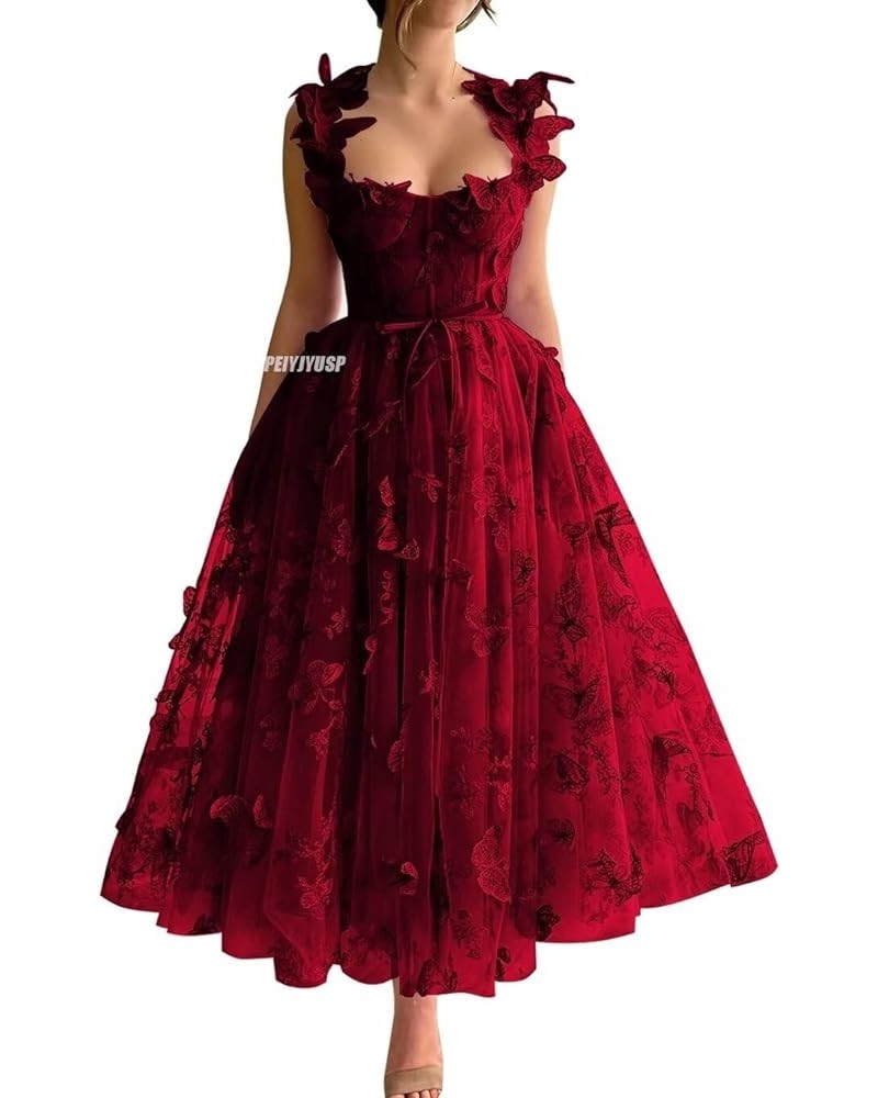 Women's Tulle Prom Dresses Long 3D Butterfly Spaghetti Straps Formal Evening Gowns with Slit Tea Length Party Dress Wine Red ...