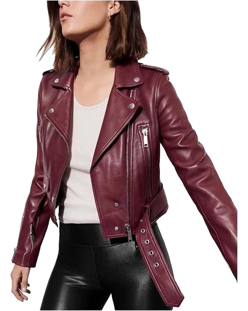 SAMS Womens Oxblood Cafe Racer - Vintage Style Red Waxed Leather Jacket - Braided Golden Stars Motorcycle Biker Coat Burgundy...