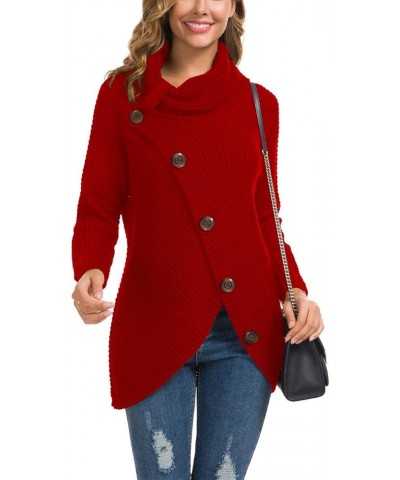 Women's Solid Color Chunky Button Pullover Sweater Turtle Cowl Neck Asymmetric Hem Knit Sweater 12-red $19.03 Sweaters