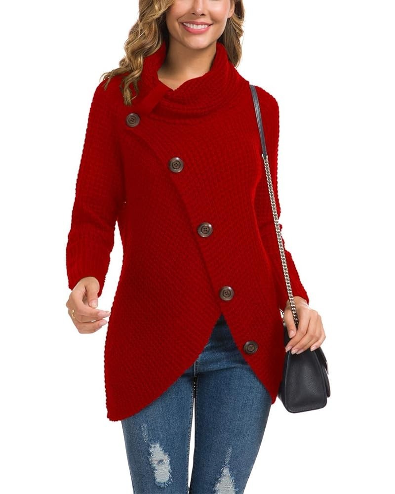 Women's Solid Color Chunky Button Pullover Sweater Turtle Cowl Neck Asymmetric Hem Knit Sweater 12-red $19.03 Sweaters