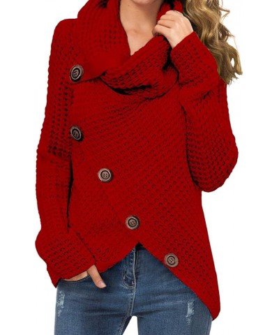 Women's Solid Color Chunky Button Pullover Sweater Turtle Cowl Neck Asymmetric Hem Knit Sweater 12-red $19.03 Sweaters