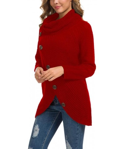 Women's Solid Color Chunky Button Pullover Sweater Turtle Cowl Neck Asymmetric Hem Knit Sweater 12-red $19.03 Sweaters