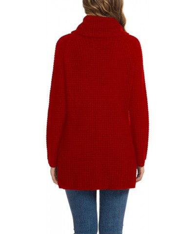 Women's Solid Color Chunky Button Pullover Sweater Turtle Cowl Neck Asymmetric Hem Knit Sweater 12-red $19.03 Sweaters