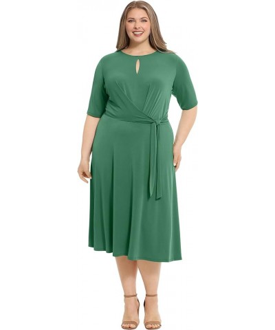 Women's Side Tie Flattering Midi Length Chic Versatile Matte Jersey Dress Antique Green $18.18 Dresses