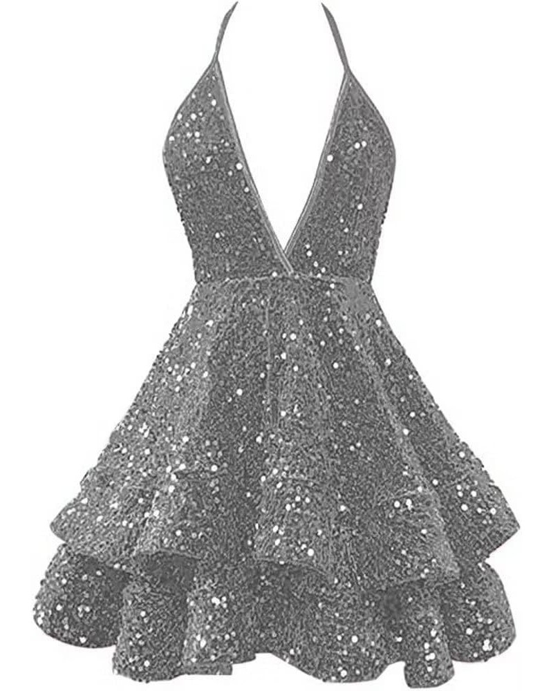 Sequin Homecoming Dresses for Teens Sparkly Halter Short Prom Dresses 2024 V Neck Backless Cocktails Party Gowns Silver $28.0...